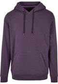 A plain dark purple hoodie, BY011 by Build Your Brand, featuring a front pocket and drawstring hood, displayed against a white background. The hoodie boasts a simple, casual design perfect for everyday wear.