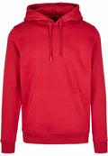 Introducing the BY011 by Build Your Brand: A vibrant red hoodie featuring a drawstring hood and front kangaroo pocket, complete with ribbed cuffs and a ribbed hem for a comfortable fit.