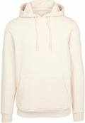 A BY011 hoodie by Build Your Brand, featuring a cream color with a front pocket and drawstring hood, displayed against a white background.