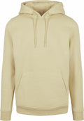 A BY011 hoodie from Build Your Brand in light beige, featuring a front pocket and drawstrings, is shown against a plain white background.