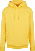The BY011 by Build Your Brand is a vibrant yellow hooded sweatshirt featuring long sleeves and a spacious front pocket. The hood is equipped with drawstrings, and the sweatshirt is presented against a simple background.