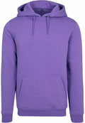 The BY011 hoodie by Build Your Brand, featuring a plain purple design with a front pocket and drawstring hood, is displayed against a white background.