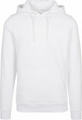 The BY011, from Build Your Brand, is a plain white hoodie featuring a front pocket and adjustable drawstrings. With its simple and casual design that includes long sleeves and a hood, this piece appears to be made from soft, comfortable fabric, making it ideal for both casual outings or sporty activities.