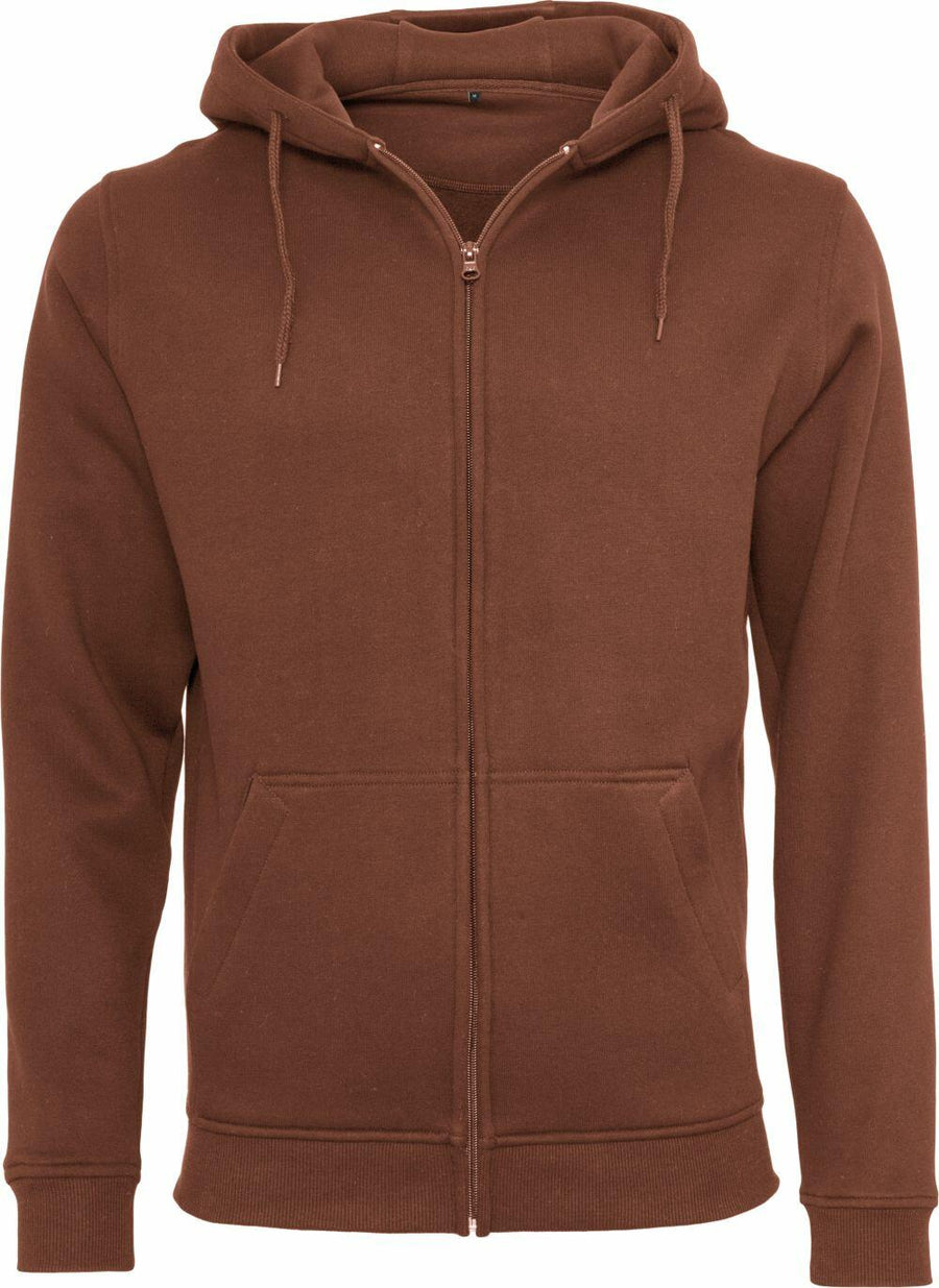 The BY012 from Build Your Brand is a brown zip-up hoodie featuring a hood and front pockets.