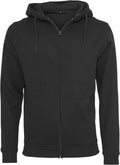 The product is a plain black zip-up hoodie from Build Your Brand (Product Name: BY012), featuring a hood and two front pockets, displayed against a white background.
