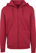 A BY012 zip-up hoodie from Build Your Brand, featuring a red color, a drawstring hood, and two front pockets.