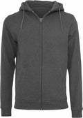 A simple and casual BY012 zip-up hoodie from Build Your Brand, featuring a soft and comfortable fabric in plain dark gray, complete with a front zipper, two pockets, and a drawstring hood.