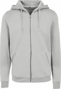 The Build Your Brand BY012 hoodie is a light gray, full-zip piece featuring a drawstring hood and two front pockets. It includes a straight hem and ribbed cuffs, offering a casual and comfortable appearance.