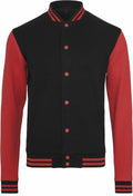 Introducing the BY015 varsity jacket from Build Your Brand, this stylish piece comes in black and red with striped cuffs and hem. It features vibrant red buttons and long sleeves for a classic look.