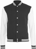 The BY015 varsity jacket by Build Your Brand features a black body with white sleeves and a striped collar, cuffs, and hem. It is designed with button closures and includes pockets.