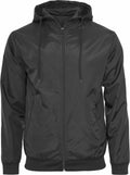 The BY016 jacket from Build Your Brand features a black hoodie design with a front zipper, drawstrings, and pockets.