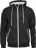 Product BY016 by Build Your Brand is a black hooded jacket featuring a white zipper and white drawstrings, displayed on a white background.