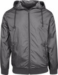 Introducing the BY016 by Build Your Brand, a sleek gray hooded jacket featuring a front zipper and two convenient zippered pockets. Its fabric offers a smooth look, complemented by ribbed cuffs and hem, while the hood includes adjustable drawstrings for a perfect fit.
