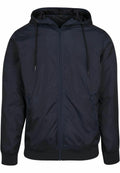 The BY016 from Build Your Brand is a navy blue hooded jacket featuring a front zipper and two side pockets, complete with drawstrings on the hood and ribbed cuffs and waistband. The fabric boasts a slightly glossy finish.