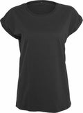 A plain black BY021 T-shirt by Build Your Brand with rolled-up sleeves displayed against a white background.