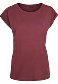 The BY021 short-sleeved t-shirt by Build Your Brand is showcased on a plain white background, featuring a rich burgundy color with a round neckline. The fabric has a soft texture and offers a slightly loose fit, making it perfect for casual wear.