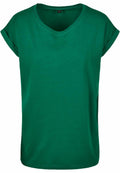 The BY021 by Build Your Brand is a plain green T-shirt featuring short, rolled-up sleeves and a round neckline, showcased against a white background.