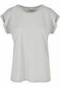 The BY021, a light gray T-shirt from Build Your Brand, features rolled short sleeves and a round neckline. Displayed against a white background, it has a soft texture and slightly loose fit that embodies casual style.
