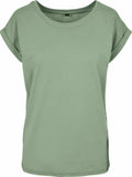 The BY021, a plain short-sleeved T-shirt from Build Your Brand, is showcased against a white background. It features a crew neckline and slightly rolled sleeves, with no visible logos or designs.