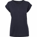 Displayed on a white background is the BY021 T-shirt by Build Your Brand, featuring a plain black design with slightly rolled short sleeves and a round neckline.