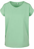 The BY021 by Build Your Brand is a plain, light green T-shirt featuring short sleeves and a round neckline, showcased against a white background. The fabric looks soft and comfortable with a relaxed fit.