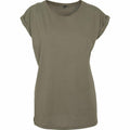 Product Name: BY021 by Build Your Brand is a plain olive green T-shirt featuring short rolled-up sleeves, presented on a white background to highlight its simple and casual design.