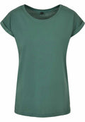 A simple, solid green T-shirt with short, rolled-up sleeves and a round neckline from Build Your Brand's BY021 collection, displayed on a plain white background.