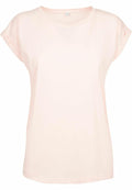 Displayed on a white background, the BY021 T-shirt from Build Your Brand features a plain, light pink design with short sleeves and a round neckline. The fabric appears to be soft and comfortable.