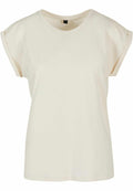 A plain, cream-colored BY021 short-sleeve T-shirt from Build Your Brand is displayed against a white background. This T-shirt features a simple, classic design with a round neckline and relaxed fit.
