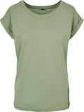 The BY021 T-shirt from Build Your Brand features a plain green color with rolled-up short sleeves and a round neckline, showcased against a white background.