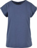 The BY021 from Build Your Brand, a plain blue T-shirt featuring rolled cuffs and a round neckline, is displayed against a white background.