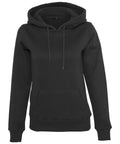 The BY026 black hoodie by Build Your Brand features a front pocket and drawstrings on the hood.