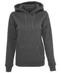 The BY026 hoodie by Build Your Brand is a plain dark gray design, featuring a front pocket and drawstrings.