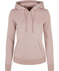 BY026 by Build Your Brand is a light pink hooded sweatshirt featuring drawstrings and a front kangaroo pocket.