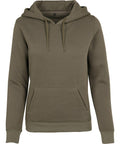 The BY026 hoodie from Build Your Brand is presented in plain olive green, featuring a front pocket and drawstrings. Its design is casual and simple.