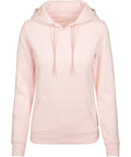 An elegant light pink hoodie with a front pocket and drawstrings, featuring long sleeves and a soft, relaxed-fit design, from the Build Your Brand collection. Product Name: BY026.
