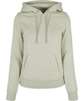 A light green sweatshirt featuring a drawstring hood and front kangaroo pocket, branded as BY026 by Build Your Brand, displayed on a white background.