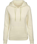 A BY026 hoodie by Build Your Brand, featuring a plain cream color with a front pocket and drawstrings, displayed on a white background.