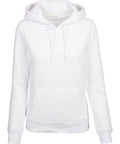 A plain white hooded sweatshirt from Build Your Brand, product code BY026, featuring a front pocket and drawstrings. The hoodie is displayed against a white background, highlighting its clean and simple design.