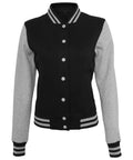 The BY027 varsity jacket by Build Your Brand features a black and gray design, button closure, and striped cuffs and collar.