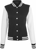 Introducing the BY027 by Build Your Brand, a stylish varsity jacket featuring a black and white design with white sleeves, button closure, and striped cuffs and collar.