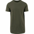 The BY028 by Build Your Brand is a plain olive green T-shirt featuring short sleeves and a crew neck, shown against a white background. It boasts a simple, classic design.