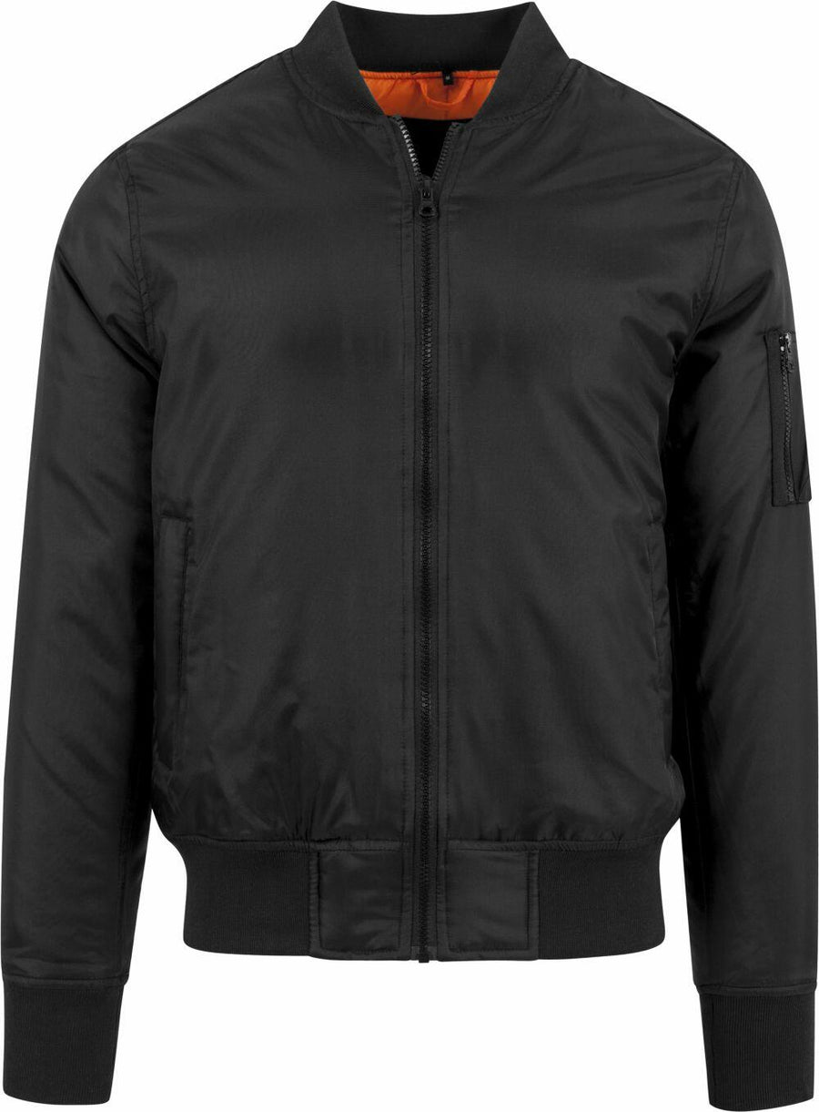 The BY030 bomber jacket by Build Your Brand features a front zipper, ribbed cuffs, and an orange lining.