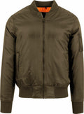 The BY030 bomber jacket by Build Your Brand features a front zipper, ribbed cuffs and hem, and a zippered pocket on the left sleeve, all in an olive green color.