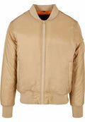The BY030 by Build Your Brand is a beige bomber jacket that features a front zipper, ribbed cuffs, and waistband. It includes two side pockets and an orange lining, offering a classic and casual appearance.