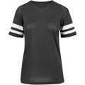 Introducing the Build Your Brand BY033: A stylish black t-shirt featuring white double stripes on the sleeves with a unique mesh texture.