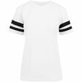 BY033 by Build Your Brand is a white short-sleeve t-shirt featuring two black stripes on each sleeve.