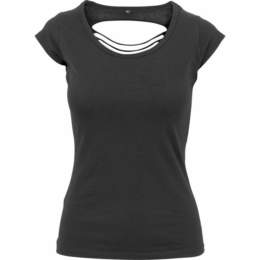 Build Your Brand's BY035 black short-sleeve top features a stylish cut-out design near the neckline.