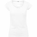 BY035 by Build Your Brand is a white T-shirt featuring a cut-out design across the chest, short sleeves, and a classic round neckline.