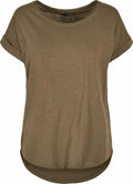 Product Name: BY036 by Build Your Brand - An olive green T-shirt featuring short sleeves and a round neckline. It offers a relaxed fit with a slightly longer hem at the back.